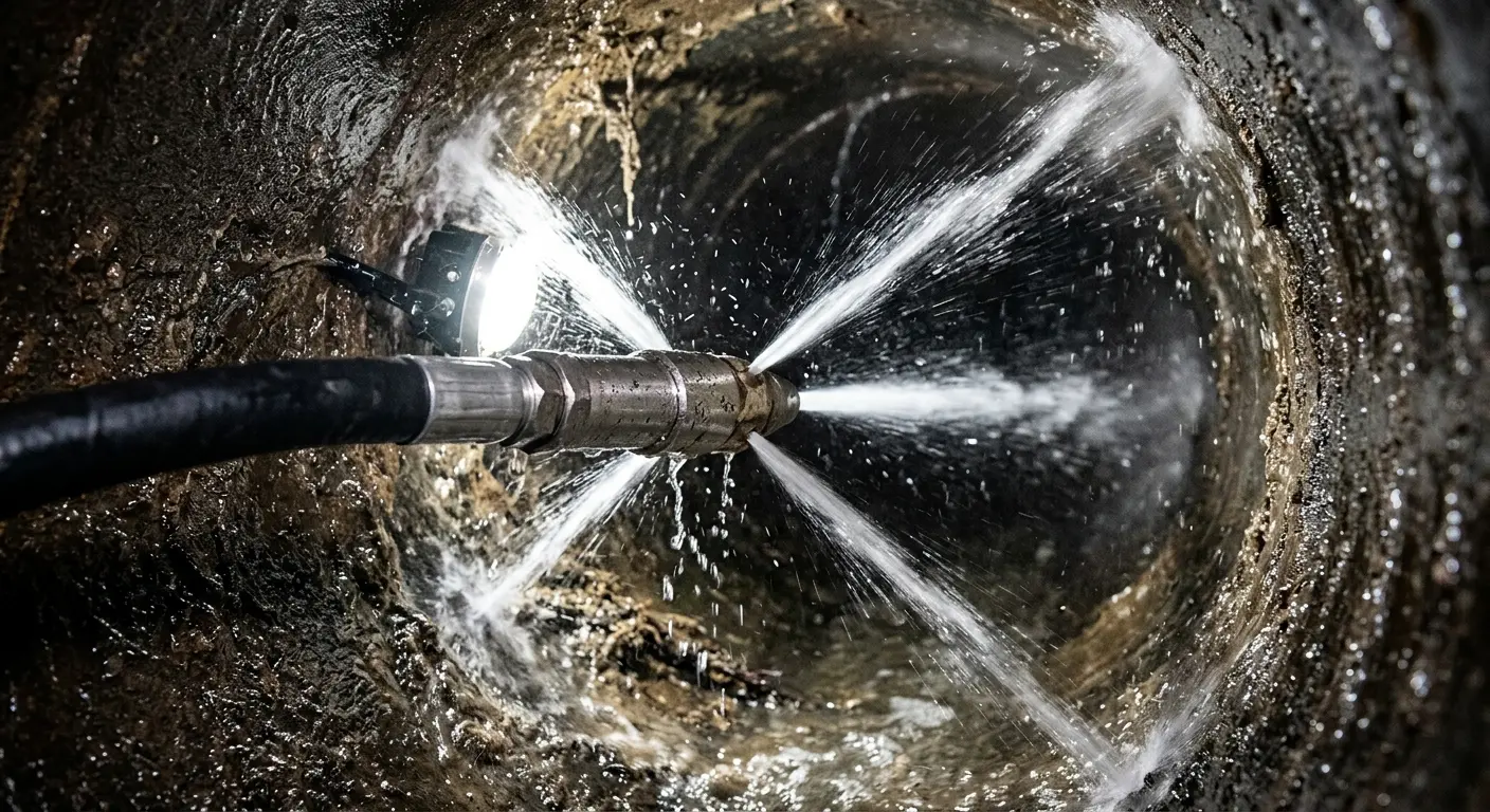 High-pressure hydro jetting nozzle cleaning sewer pipe for Trenchless Sewer Repair in Pequannock
