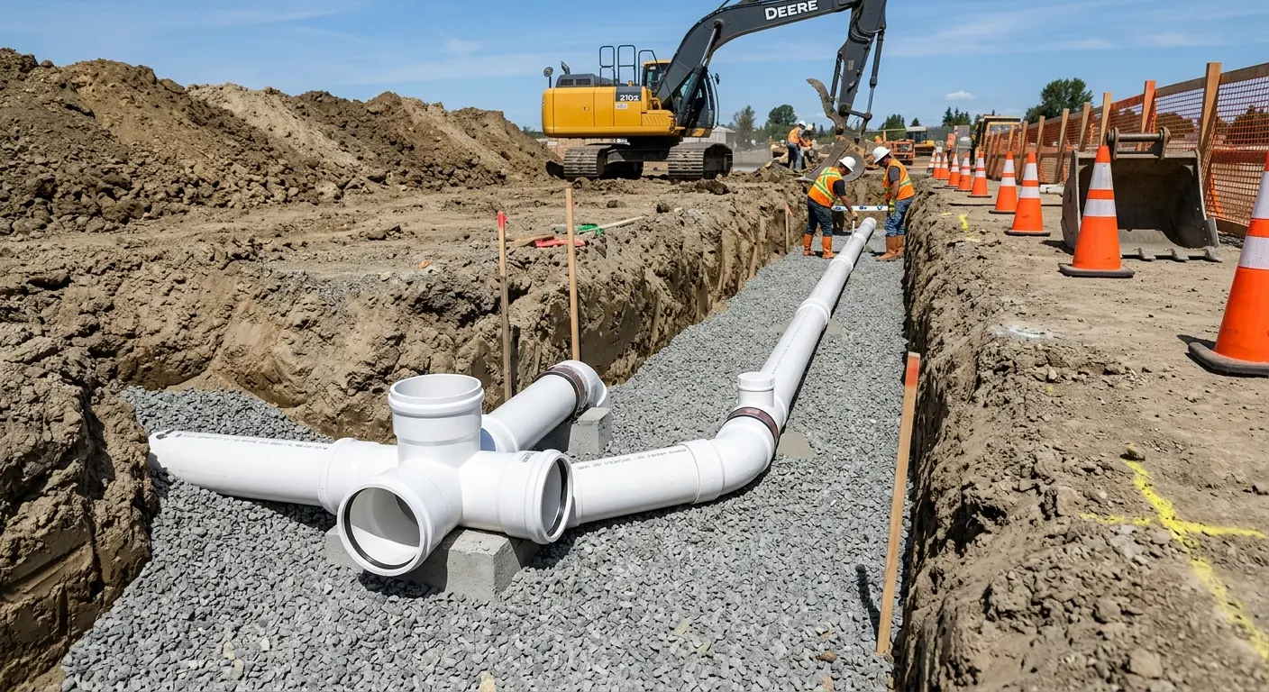 New PVC sewer pipe installation in open trench for Commercial Drain Cleaning in Pequannock