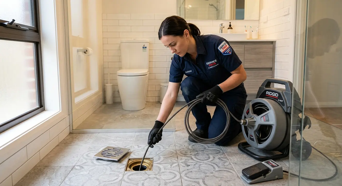 Technician clearing a bathroom floor drain for Sewer Line Replacement in Pequannock